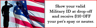 SNAP-NC's Military Discount: $10 Off A Spay/Neuter Visit, not per pet. Show Military ID at Drop-Off.